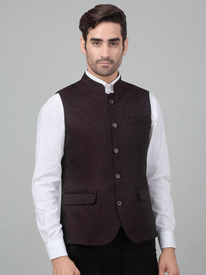 Men's Wine Self Design Party Wear Waistcoat