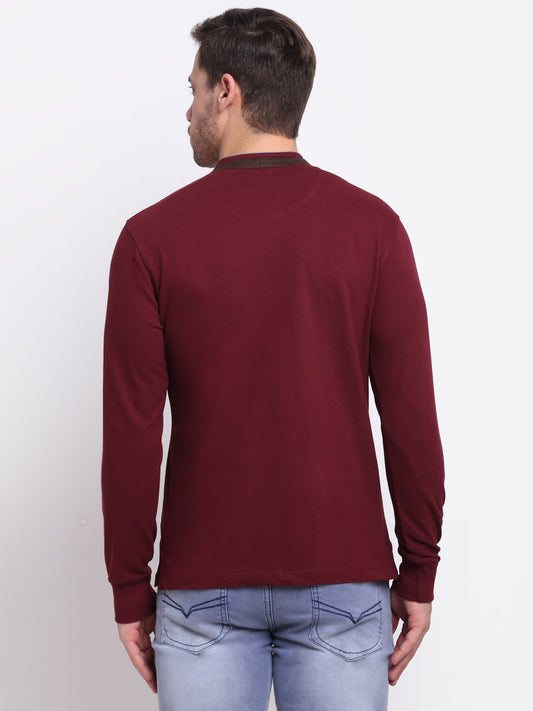 Men Band Collar Full Sleeves Winter Wear Maroon T-Shirt