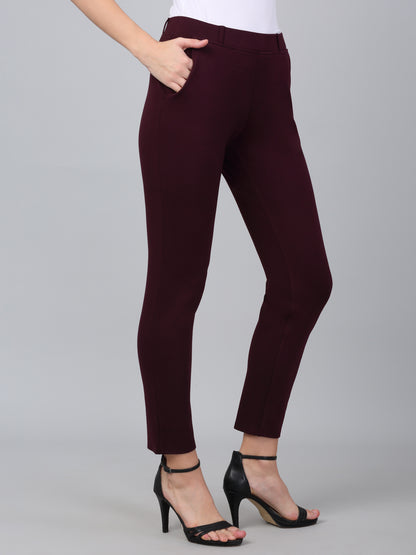 Wine Solid Ankle Length Regular Fit Jegging For Women