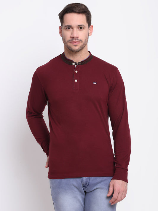 Men Band Collar Full Sleeves Winter Wear Maroon T-Shirt