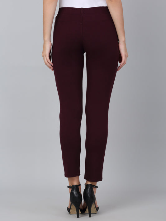 Wine Solid Ankle Length Regular Fit Jegging For Women