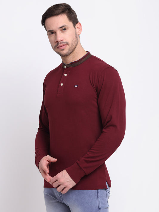 Men Band Collar Full Sleeves Winter Wear Maroon T-Shirt