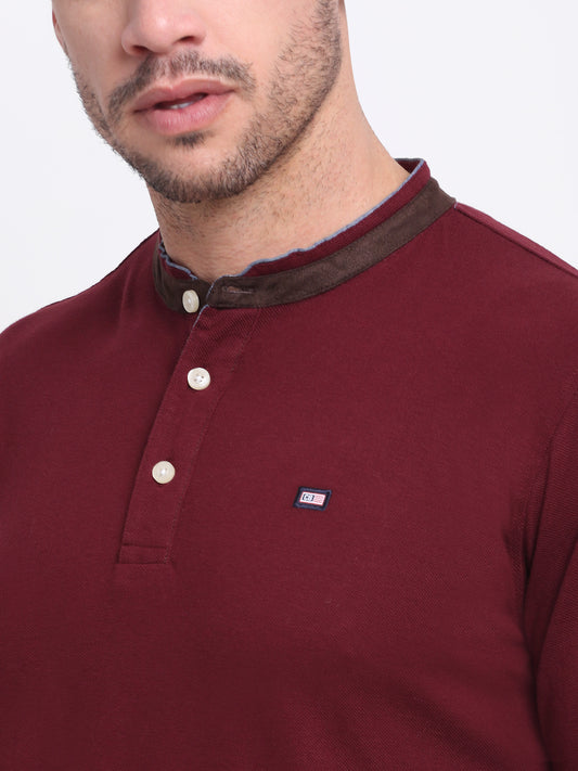 Men Band Collar Full Sleeves Winter Wear Maroon T-Shirt