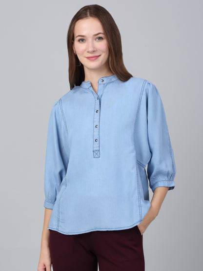 Women's Light Blue Solid Casual Top