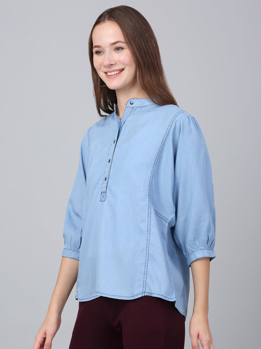 Women's Light Blue Solid Casual Top