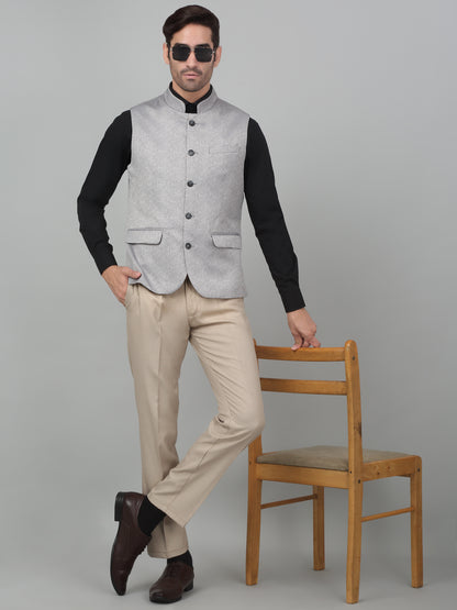 Men's Grey Self Design Party Wear Waistcoat