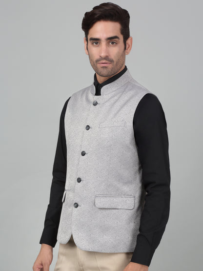 Men's Grey Self Design Party Wear Waistcoat