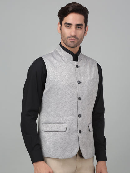 Men's Grey Self Design Party Wear Waistcoat