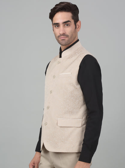 Men's Fawn Self Design Party Wear Waistcoat