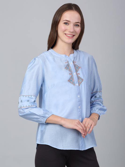 Women's Sky Blue Solid Casual Tunic