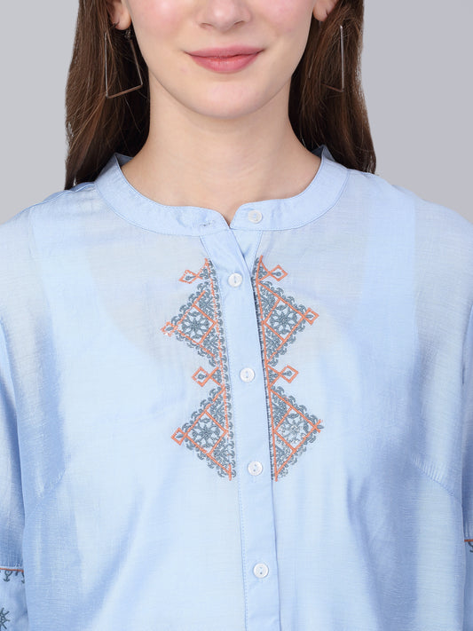 Women's Sky Blue Solid Casual Tunic