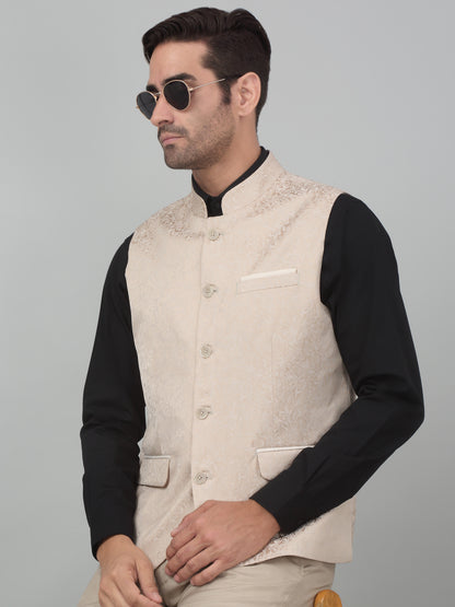 Men's Fawn Self Design Party Wear Waistcoat