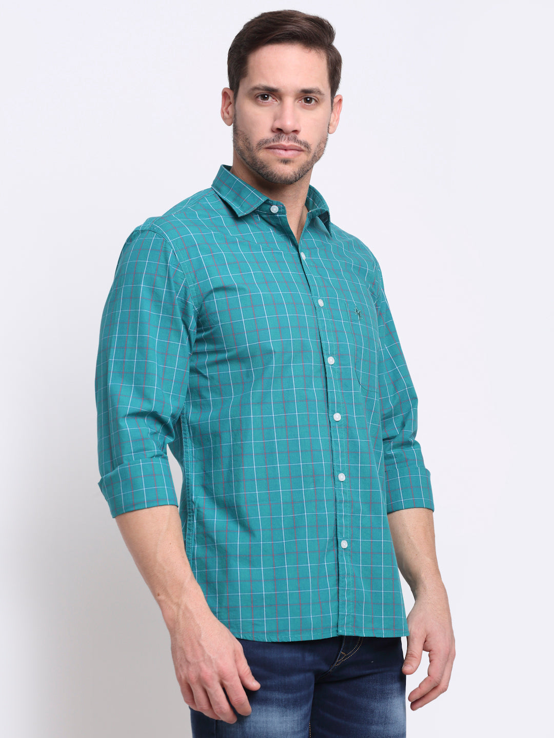 Cantabil Men Cotton Checkered Green Full Sleeve Casual Shirt for Men with Pocket (6700108775563)