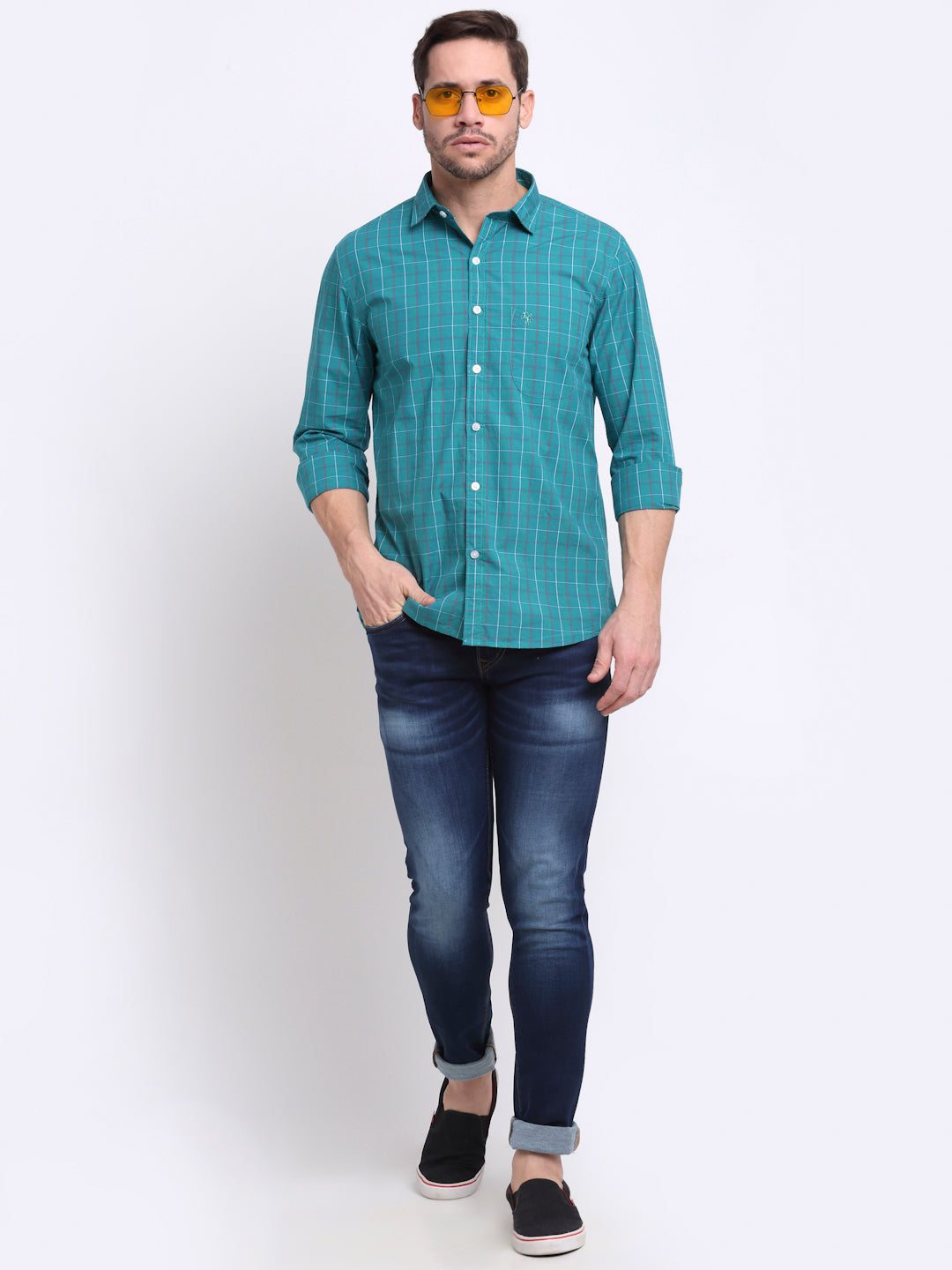 Cantabil Men Cotton Checkered Green Full Sleeve Casual Shirt for Men with Pocket (6700108775563)