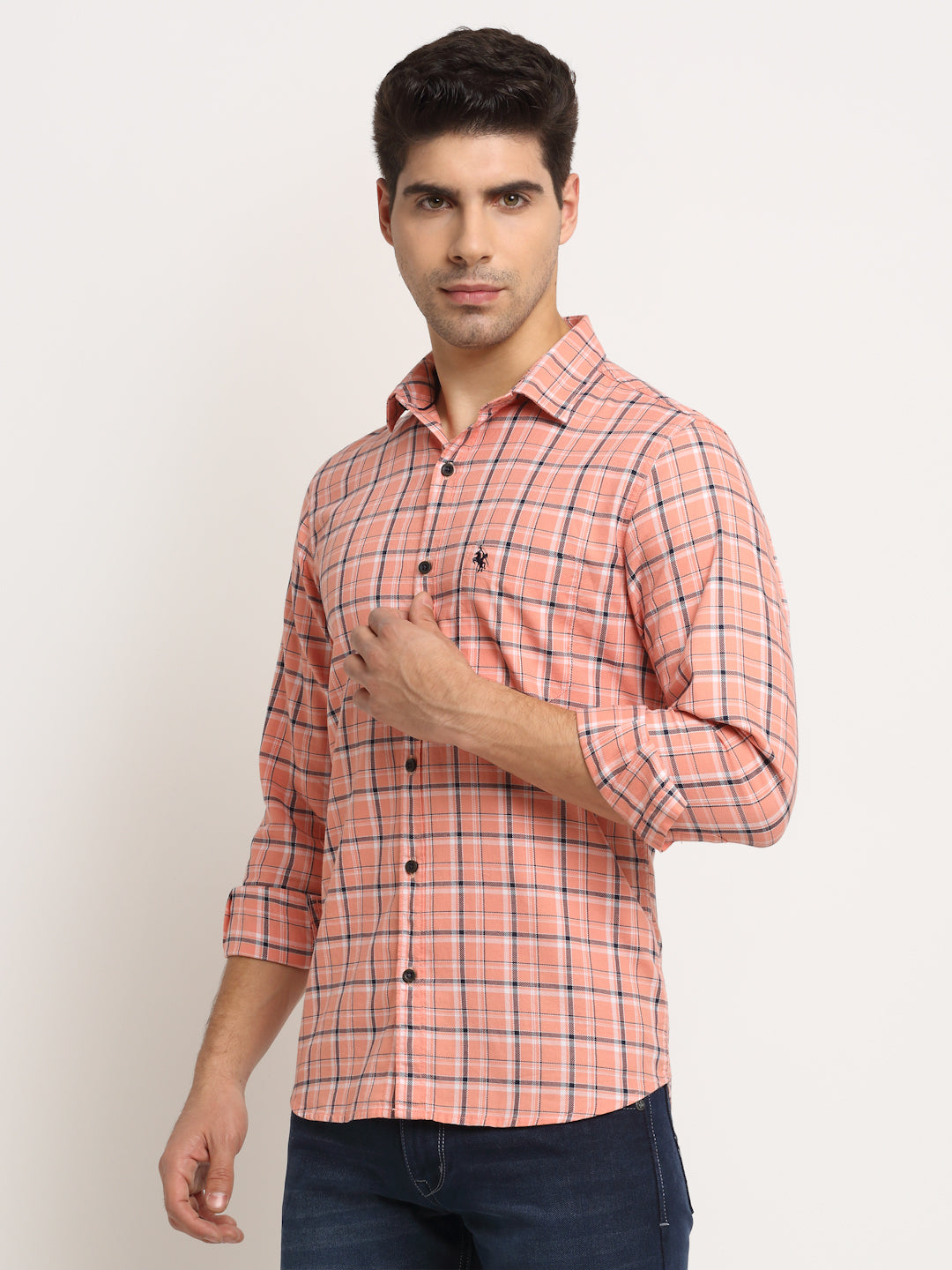 Cantabil Men Cotton Checkered Pink Full Sleeve Casual Shirt for Men with Pocket (6713143132299)