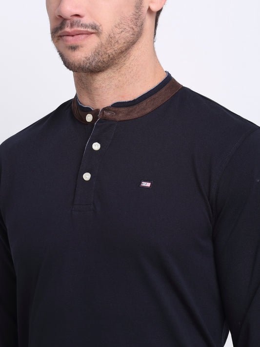 Men  Band Collar Full Sleeves Winter Wear Navy T-Shirt