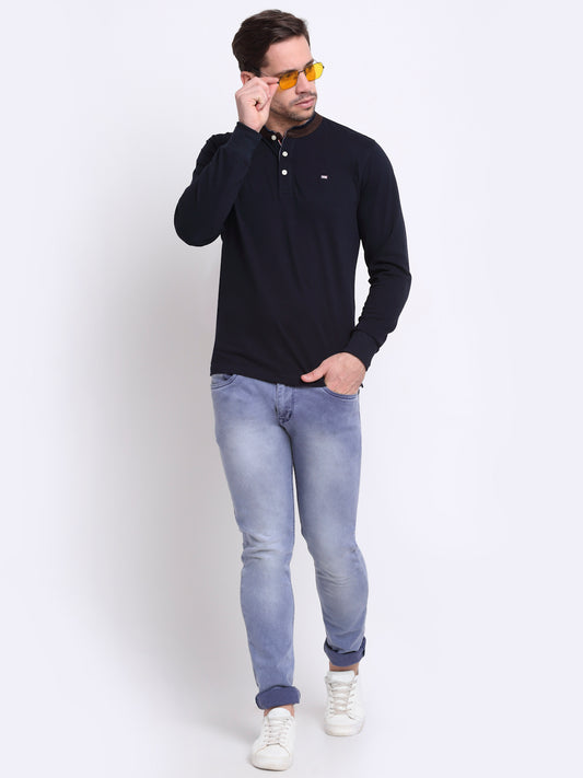 Men  Band Collar Full Sleeves Winter Wear Navy T-Shirt