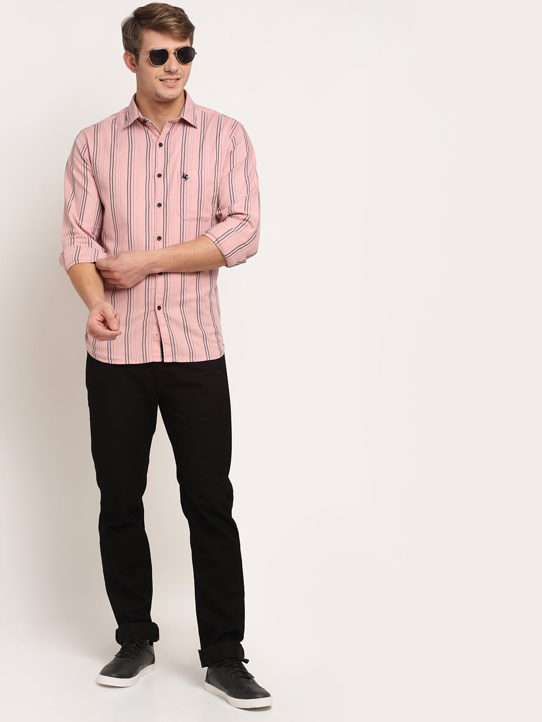 Cantabil Men Cotton Striped Pink Full Sleeve Casual Shirt for Men with Pocket (6718262771851)