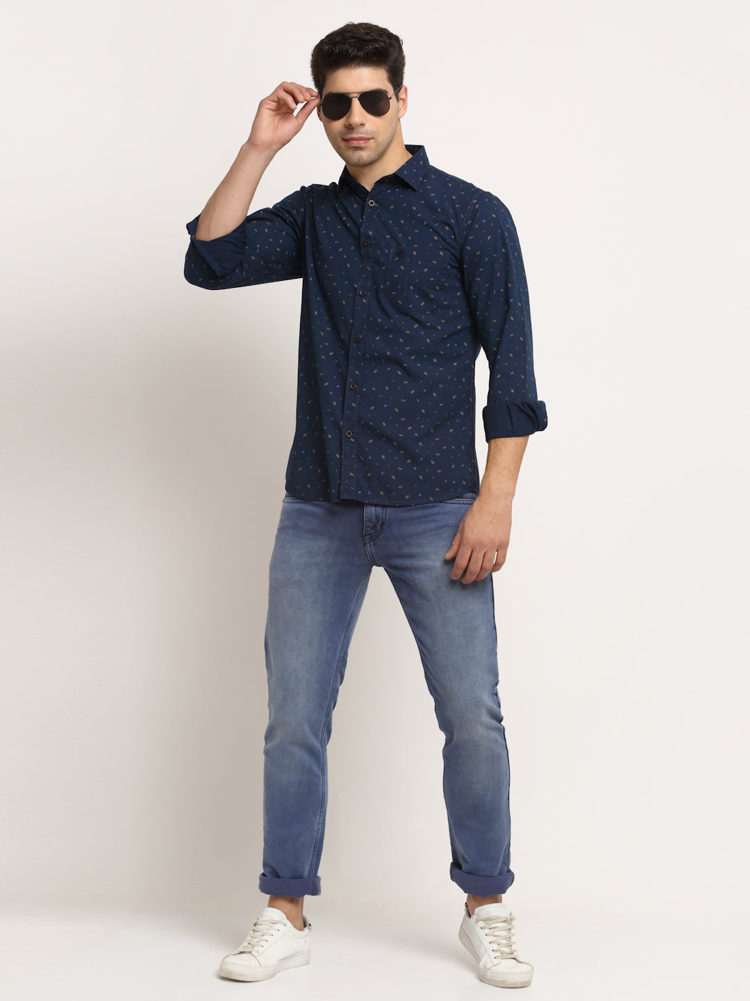 Cantabil Men Cotton Printed Navy Blue Full Sleeve Casual Shirt for Men with Pocket (6713284231307)