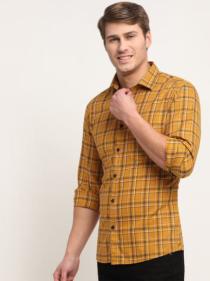 Cantabil Cotton Checkered Mustard Full Sleeve Casual Shirt for Men with Pocket (6722413166731)