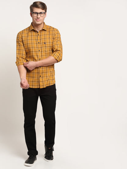 Cantabil Cotton Checkered Mustard Full Sleeve Casual Shirt for Men with Pocket (6722413166731)