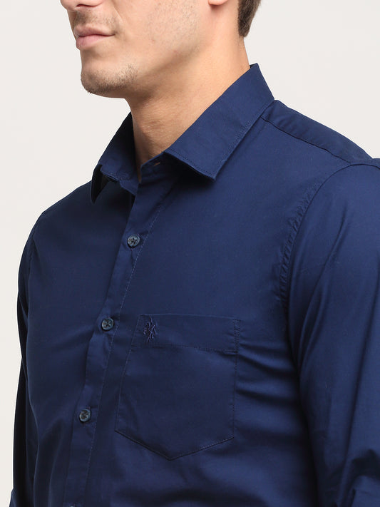 Cantabil Cotton Blend Solid Blue Full Sleeve Casual Shirt for Men with Pocket (6722466250891)