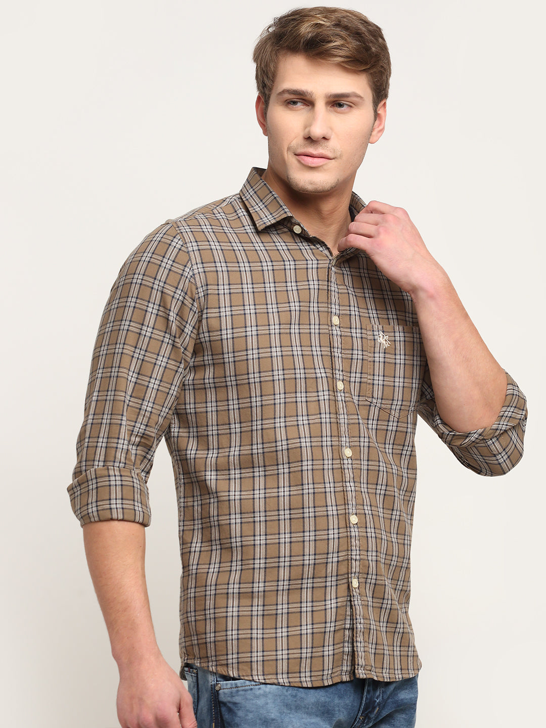 Cantabil Men Cotton Checkered Brown Full Sleeve Casual Shirt for Men with Pocket (6718234558603)