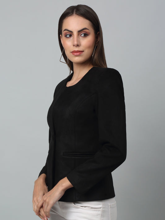 Women's   Black Single breasted  Round neck  Blazer
