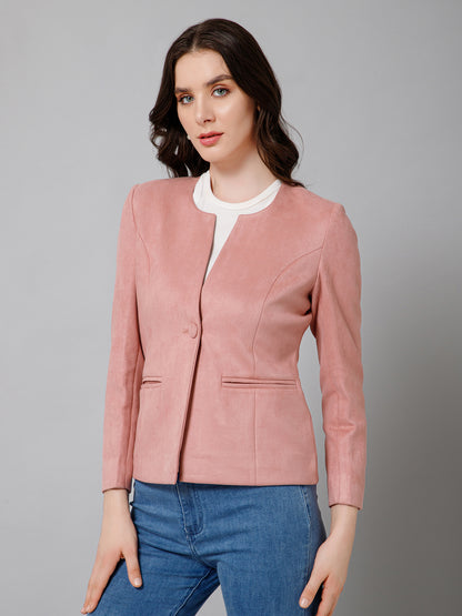 Women's   Pink Single breasted  Round neck  Blazer