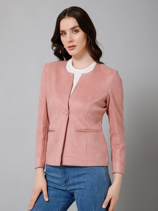 Women's   Pink Single breasted  Round neck  Blazer
