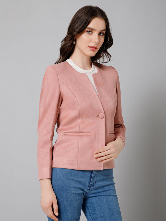 Women's   Pink Single breasted  Round neck  Blazer