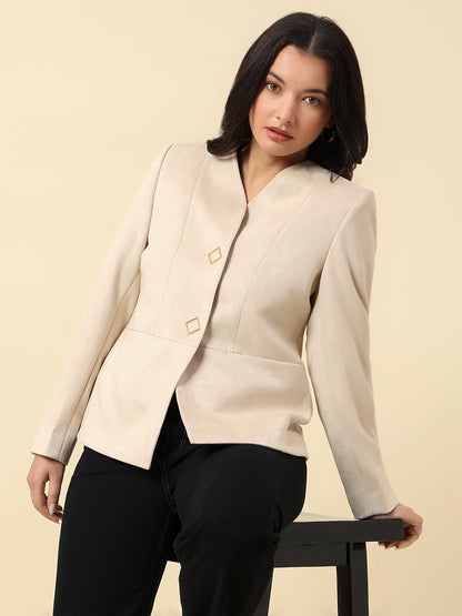 Blazer for Women | Premium Casual Blazer Regular Fit V-Neck Suede Fabric Solid Pattern