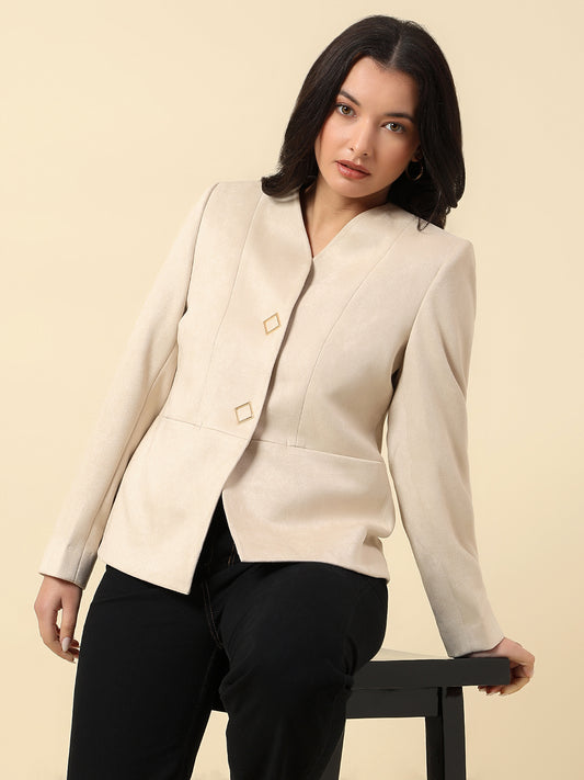 Blazer for Women | Premium Casual Blazer Regular Fit V-Neck Suede Fabric Solid Pattern