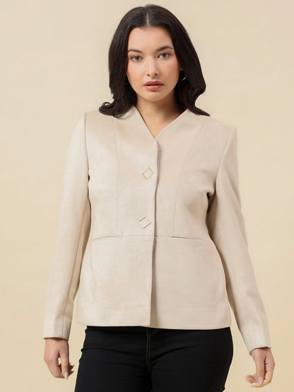 Blazer for Women | Premium Casual Blazer Regular Fit V-Neck Suede Fabric Solid Pattern