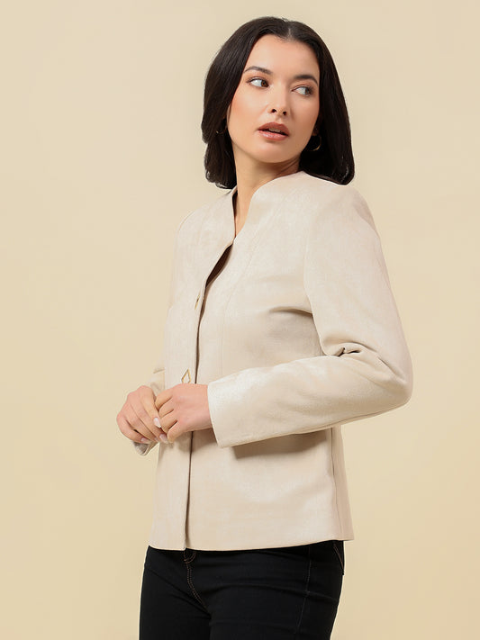 Blazer for Women | Premium Casual Blazer Regular Fit V-Neck Suede Fabric Solid Pattern