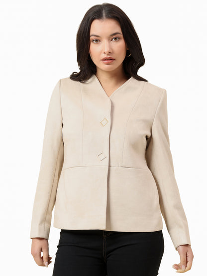 Blazer for Women | Premium Casual Blazer Regular Fit V-Neck Suede Fabric Solid Pattern