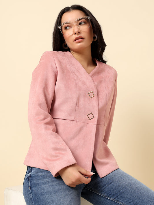 Blazer for Women | Premium Casual Blazer Regular Fit V-Neck Suede Fabric Solid Pattern