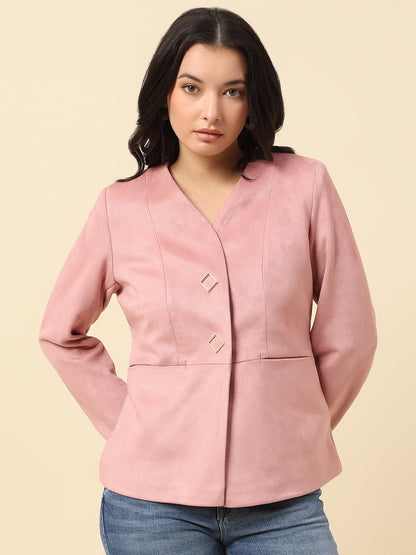 Blazer for Women | Premium Casual Blazer Regular Fit V-Neck Suede Fabric Solid Pattern
