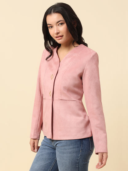 Blazer for Women | Premium Casual Blazer Regular Fit V-Neck Suede Fabric Solid Pattern
