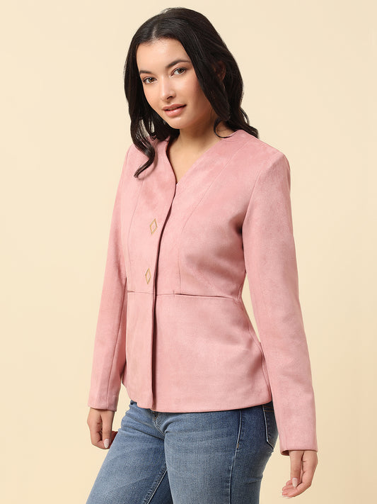 Blazer for Women | Premium Casual Blazer Regular Fit V-Neck Suede Fabric Solid Pattern
