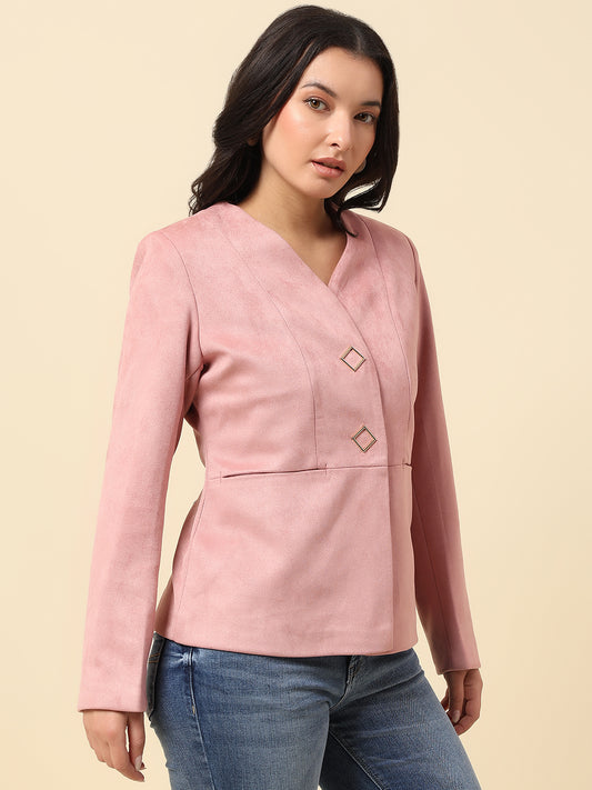Blazer for Women | Premium Casual Blazer Regular Fit V-Neck Suede Fabric Solid Pattern