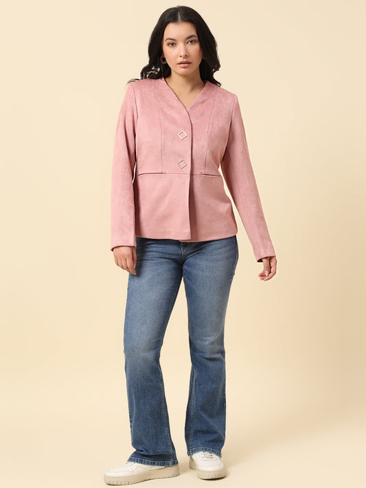 Blazer for Women | Premium Casual Blazer Regular Fit V-Neck Suede Fabric Solid Pattern