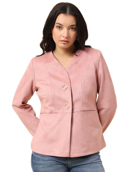 Blazer for Women | Premium Casual Blazer Regular Fit V-Neck Suede Fabric Solid Pattern