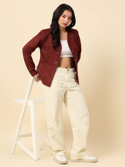 Blazer for Women | Premium Casual Blazer Regular Fit V-Neck Suede Fabric Solid Pattern