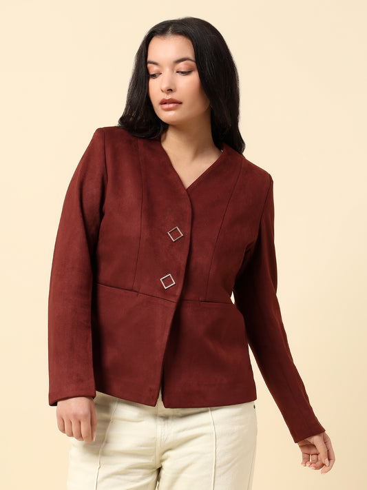 Blazer for Women | Premium Casual Blazer Regular Fit V-Neck Suede Fabric Solid Pattern