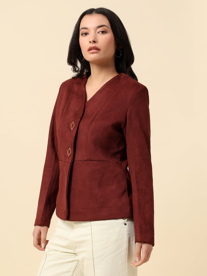 Blazer for Women | Premium Casual Blazer Regular Fit V-Neck Suede Fabric Solid Pattern