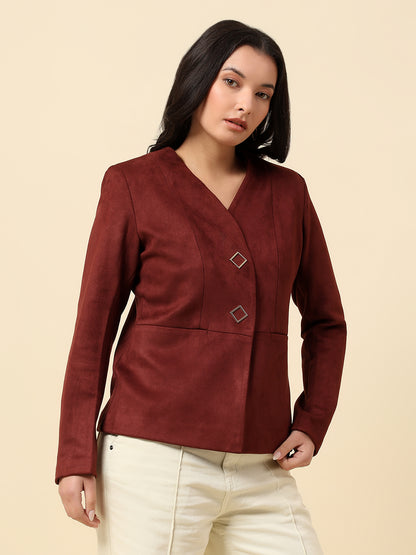 Blazer for Women | Premium Casual Blazer Regular Fit V-Neck Suede Fabric Solid Pattern