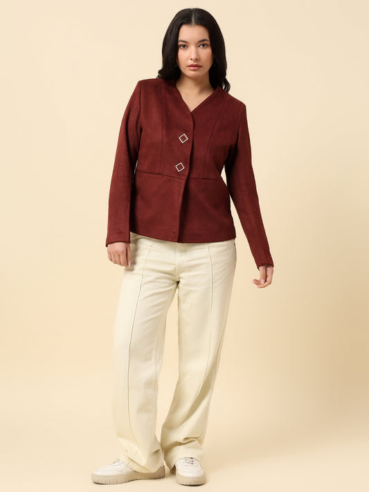 Blazer for Women | Premium Casual Blazer Regular Fit V-Neck Suede Fabric Solid Pattern