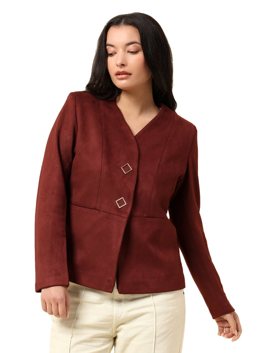 Blazer for Women | Premium Casual Blazer Regular Fit V-Neck Suede Fabric Solid Pattern