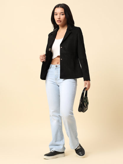 Blazer for Women | Premium Casual Blazer Regular Fit Notched Collar Suede Fabric Solid Pattern